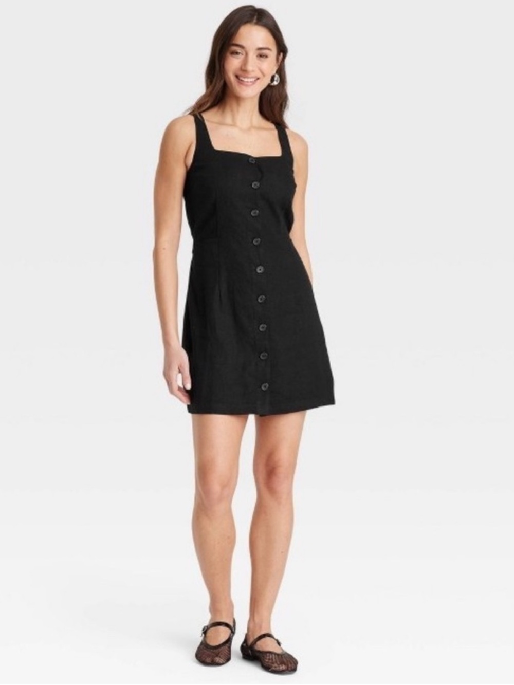 Women's Linen Mini Vest Dress - Black XL: Squareneck, Sleeveless, Button Down